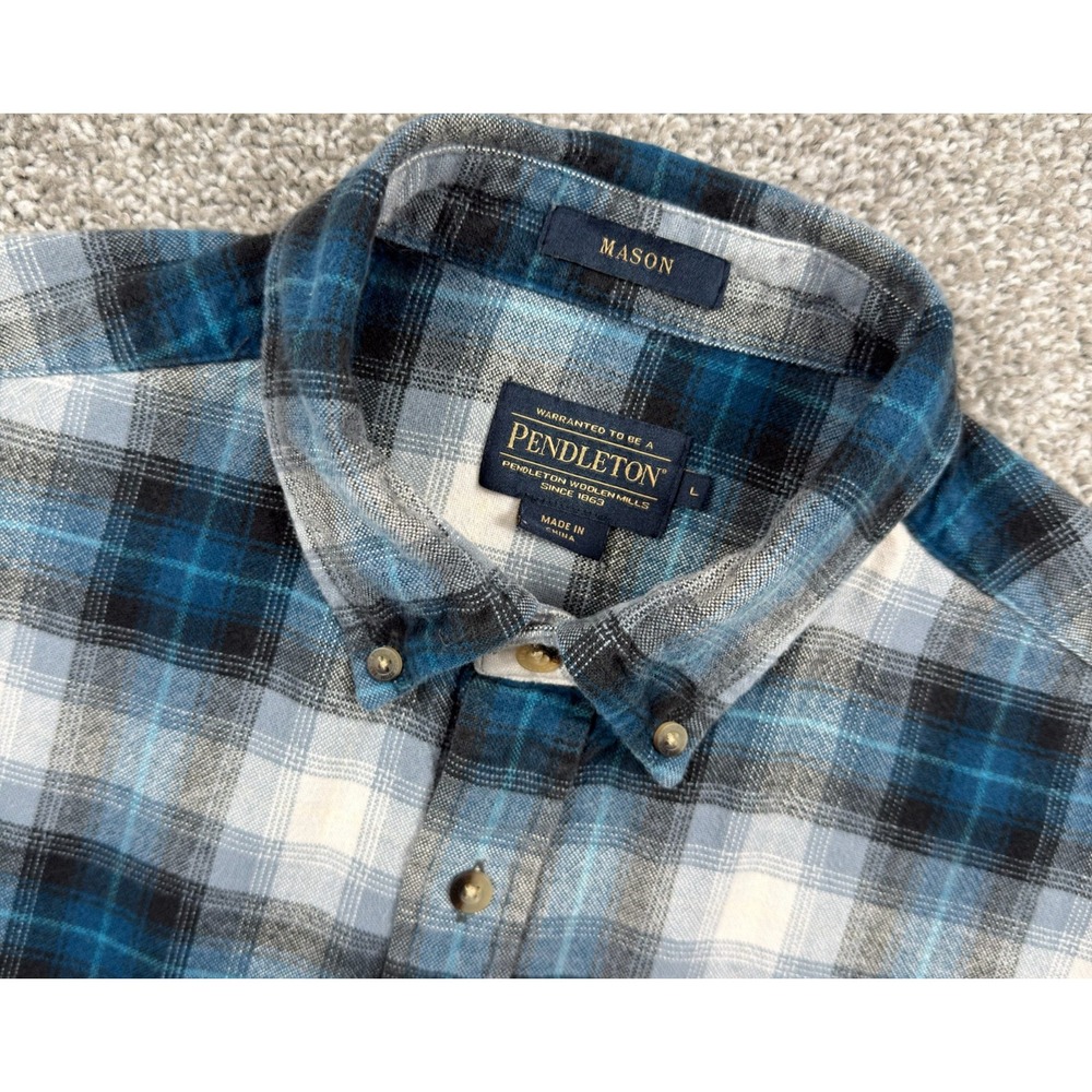 Pendleton Mason Flannel Shirt Mens L Blue Gray Plaid 100% Cotton Button Down